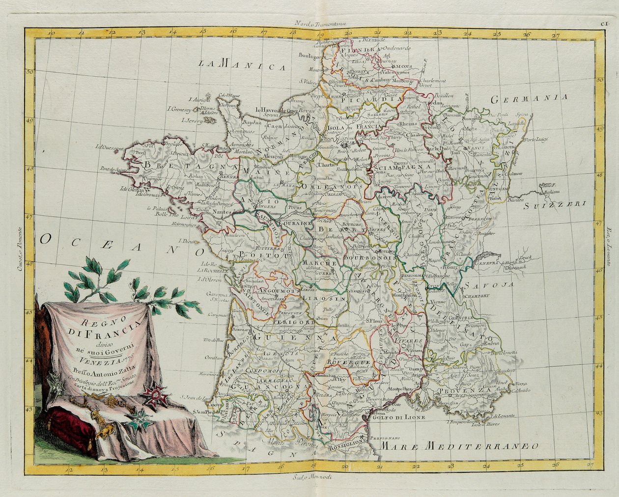 Kongeriget Frankrig delte sig i sine regeringer, gravering af G. Zuliani hentet fra Tome I af det nyeste atlas udgivet i Venedig i 1776 af Antonio Zatta, Privat Samling af G. Zuliani
