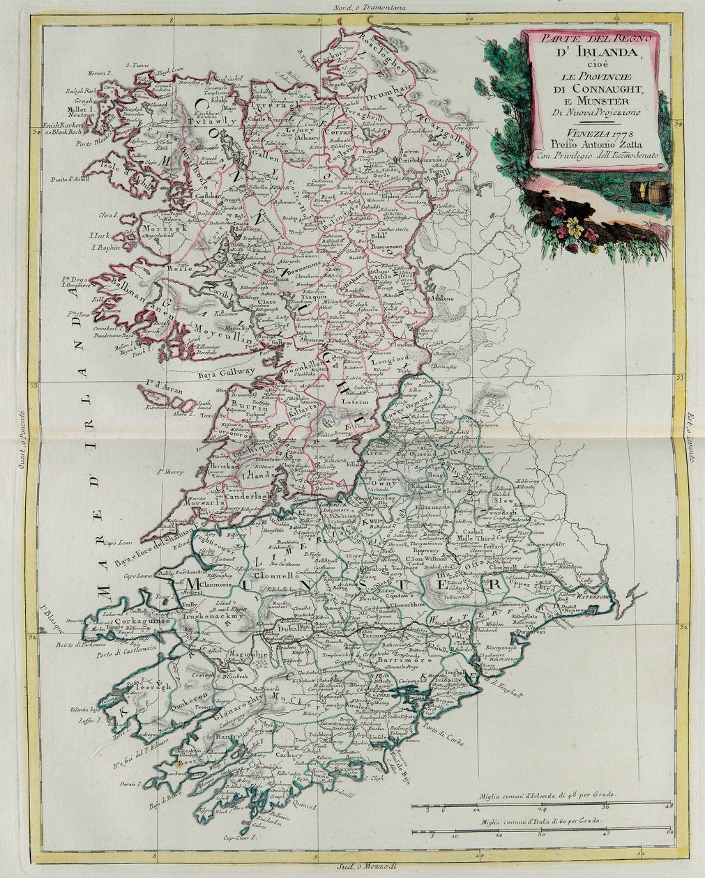 Kongeriget Irland, som provinserne Munster og Connaught, gravering af G. Zuliani er fra bind I af 