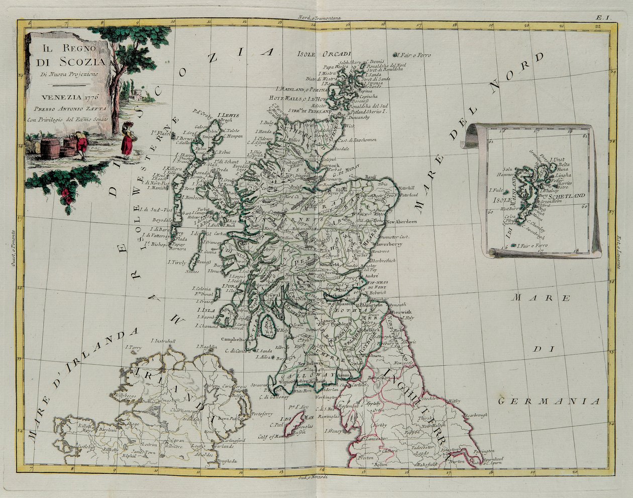 Kongeriget Skotland, gravering af G. Zuliani taget fra Tome I af det nyeste atlas udgivet i Venedig i 1776 af Antonio Zatta, privat samling af G. Zuliani