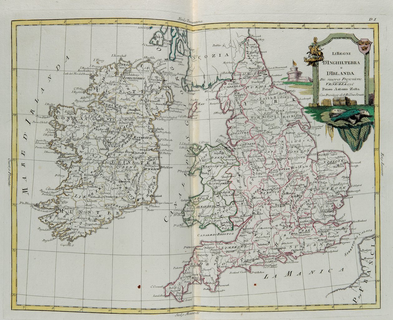 Kongerigerne England og Irland, gravering af G. Zuliani hentet fra Tome I of the Newest Atlas udgivet i Venedig i 1776 af Antonio Zatta, Privat Samling af G. Zuliani