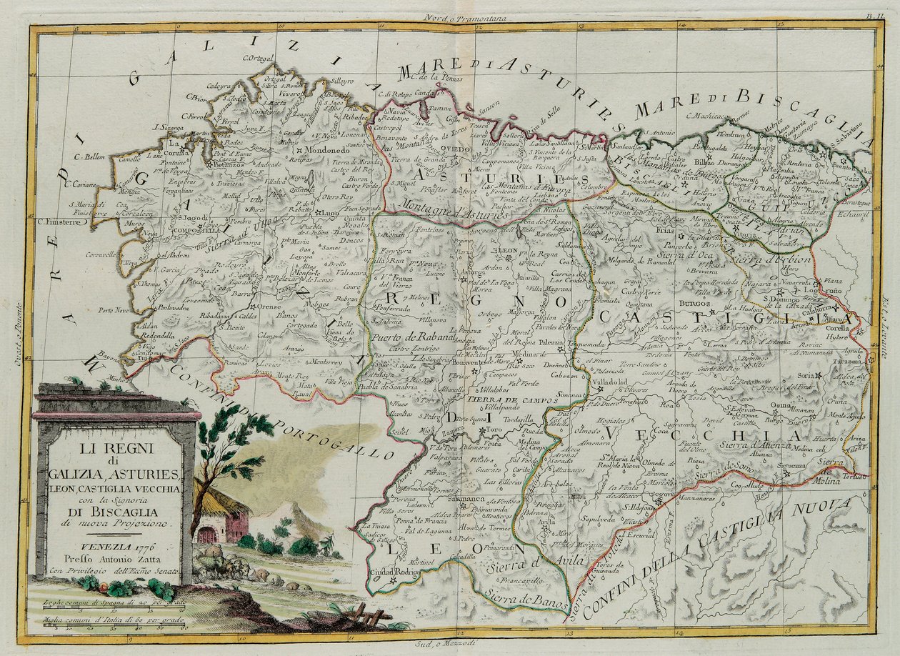 Kongerigerne Galicien, Asturies, Leon, Castilla Vieja med Biscallia-rådet, gravering af G. Zuliani hentet fra Tome I af det nyeste atlas udgivet i Venedig i 1776 af Antonio Zatta, Priva af G. Zuliani