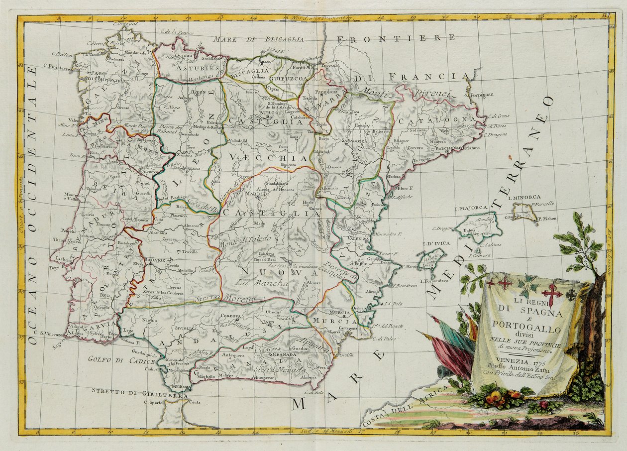 Kongerigerne Spanien og Portugal delte sig i deres provinser, gravering af G. Zuliani hentet fra Tome I af det nyeste atlas udgivet i Venedig i 1775 af Antonio Zatta, Privat Samling af G. Zuliani