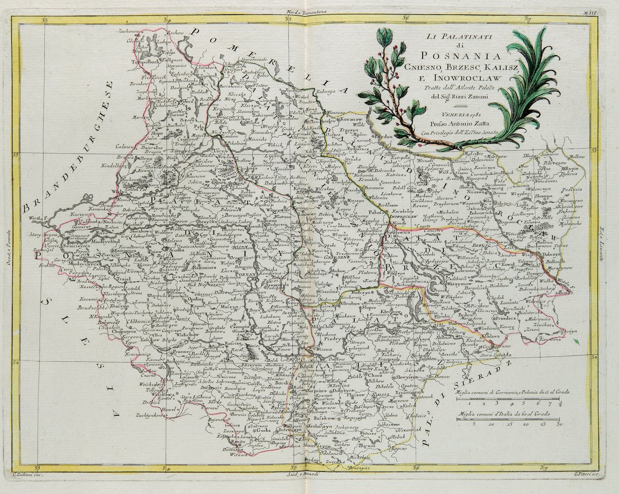 Pfalzerne i Posnania, Gniesno, Brzesc, Kalisz og Inovroclav, indgraveret af G. Zuliani, hentet fra bind III af "Newest Atlas" udgivet i Venedig i 1781 af Antonio Zatta, Privat Samling af G. Zuliani