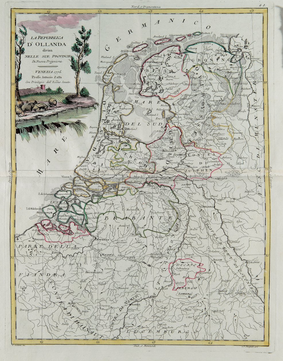 Republikken Holland opdelt i sine provinser, gravering af G. Zuliani hentet fra Tome I af det nyeste atlas udgivet i Venedig i 1776 af Antonio Zatta, Privat Samling af G. Zuliani