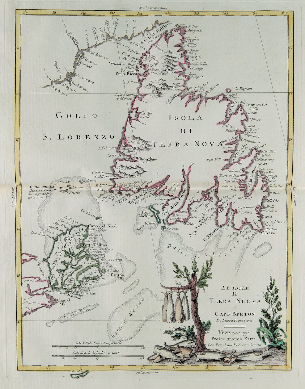 Øerne Newfoundland og Cape Breton, gravering af G. Zuliani taget fra Tome I af "Newest Atlas" udgivet i Venedig i 1778 af Antonio Zatta, Privat Samling af G. Zuliani