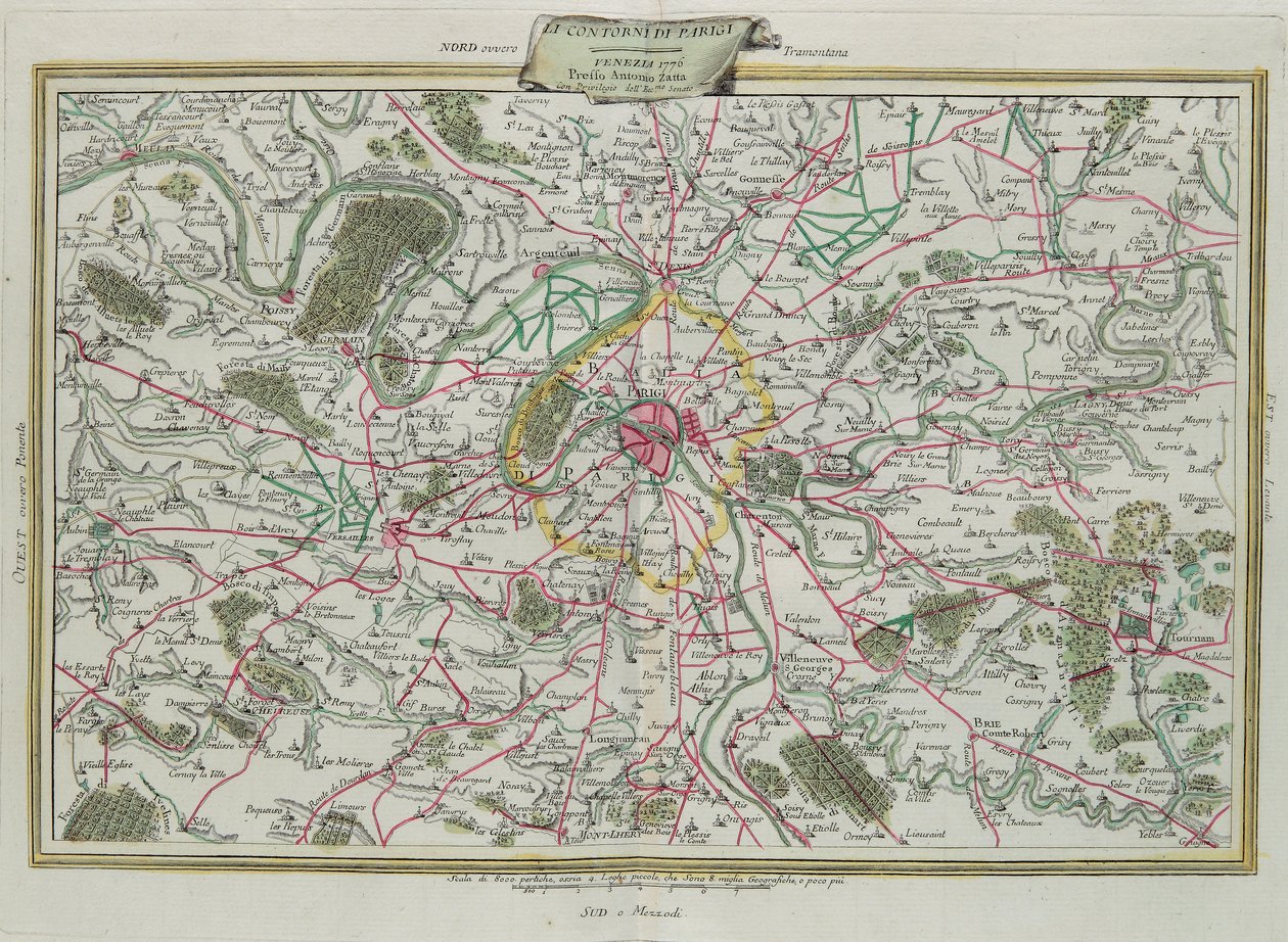 Omridset af Paris, The Governances of France and Orleans, gravering af G. Zuliani hentet fra Tome I of the Newest Atlas udgivet i Venedig i 1776 af Antonio Zatta, Privat Samling af G. Zuliani