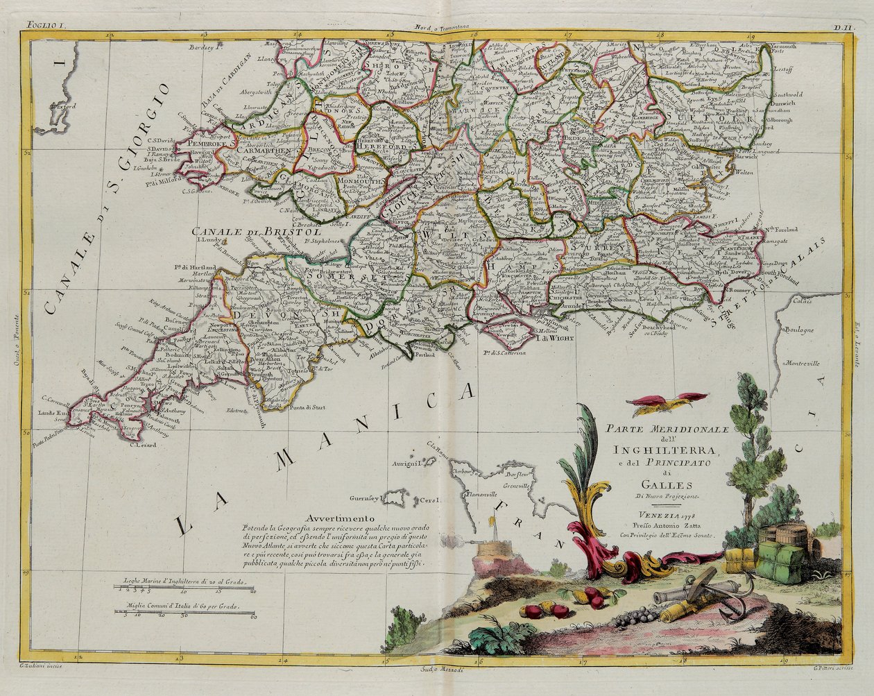 Den sydlige del af England og Principate of Wales, gravering af G. Zuliani hentet fra Tome I of the Newest Atlas udgivet i Venedig i 1778 af Antonio Zatta, Privat Samling af G. Zuliani