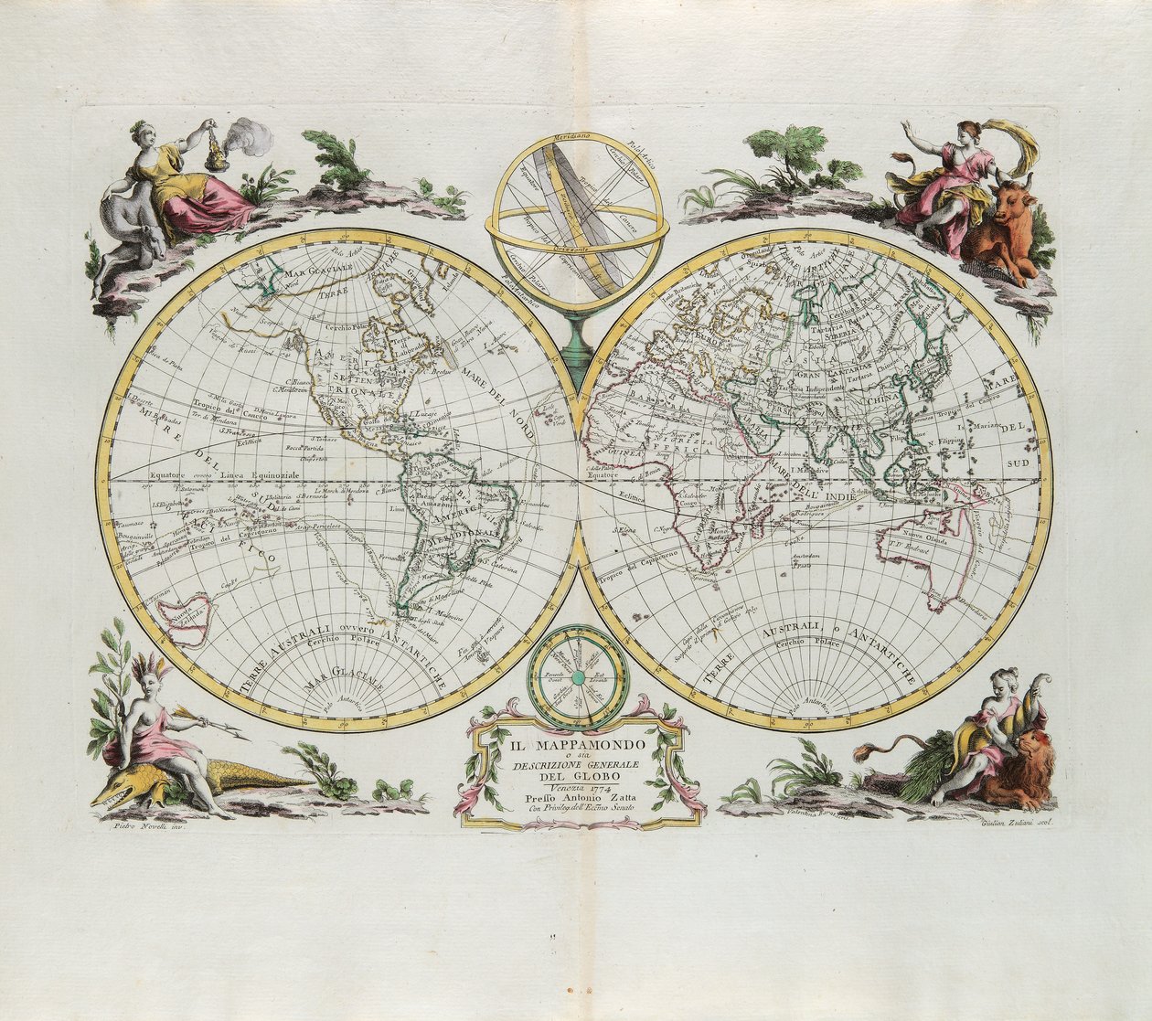 Verdenskort og en generel beskrivelse af kloden, gravering af G. Zuliani hentet fra Tome I of the Newest Atlas udgivet i Venedig i 1774 af Antonio Zatta af G. Zuliani