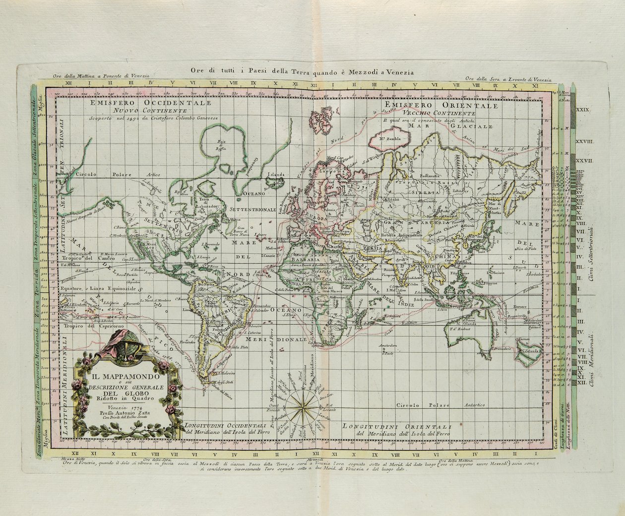 Verdenskort og en generel beskrivelse af kloden, reduceret til et billede, gravering af G. Zuliani taget fra Tome I af "Newest Atlas" udgivet i Venedig i 1774 af Antonio Zatta af G. Zuliani