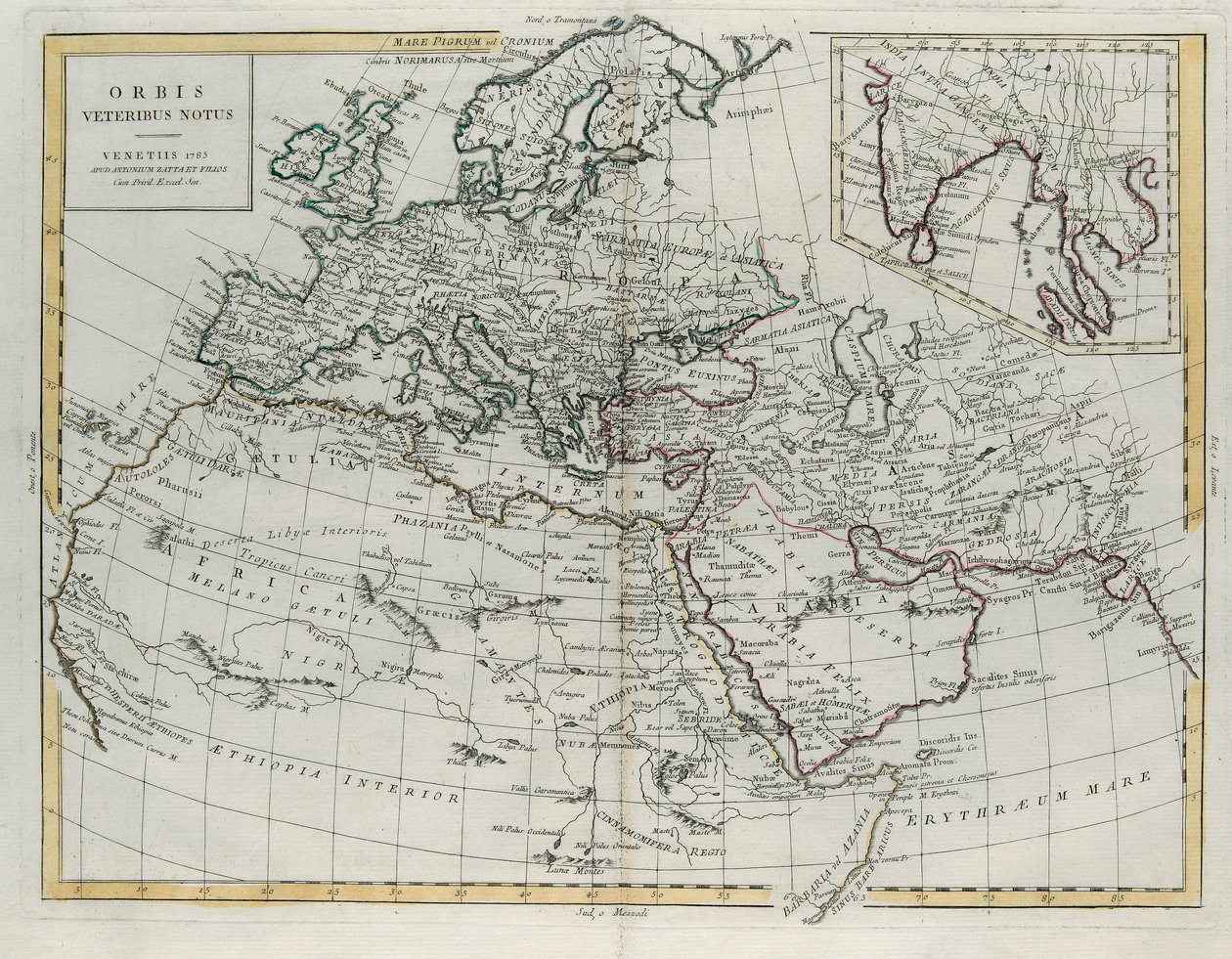 Verden kendt af de gamle, gravering af G. Zuliani hentet fra Tome IV af det nyeste atlas udgivet i Venedig i 1785 af Antonio Zatta, privat samling af G. Zuliani