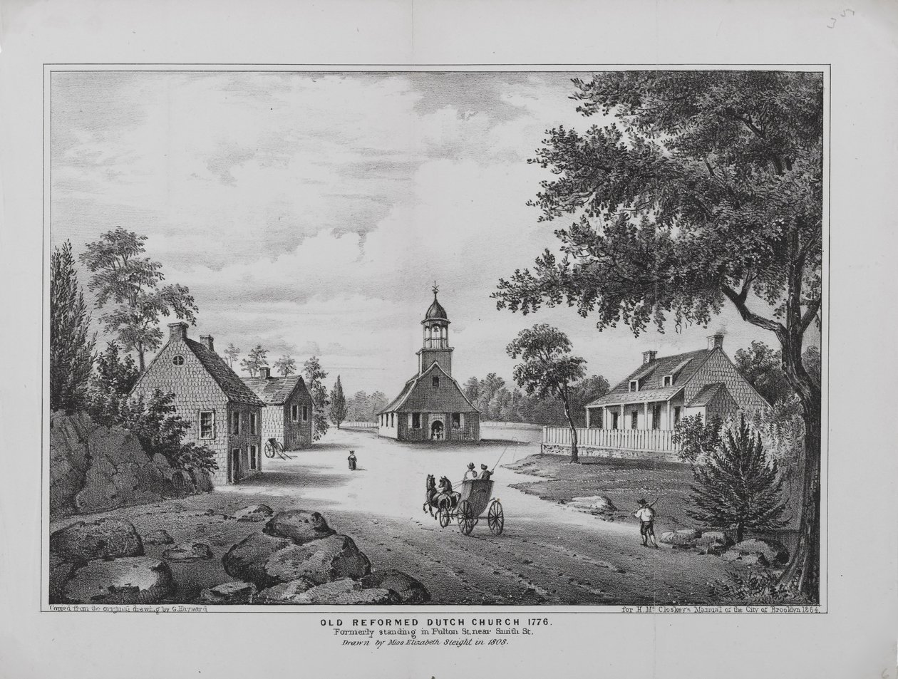 Old Reformed Dutch Church i 1776, tegnet af Miss Elizabeth Sleight i 1808, trykt for H. McCloskeys Manuel fra City of Brooklyn, 1864 af G. after Hayward