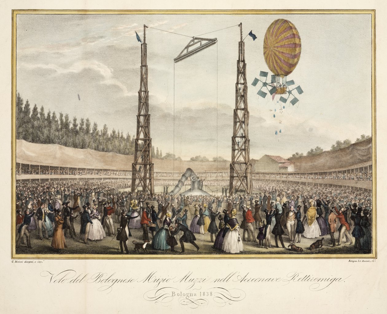 Bolognese Muzio Muzzis (1809-46) flyvning i luftskibet Retirremiga, 1838 af G. after Meloni
