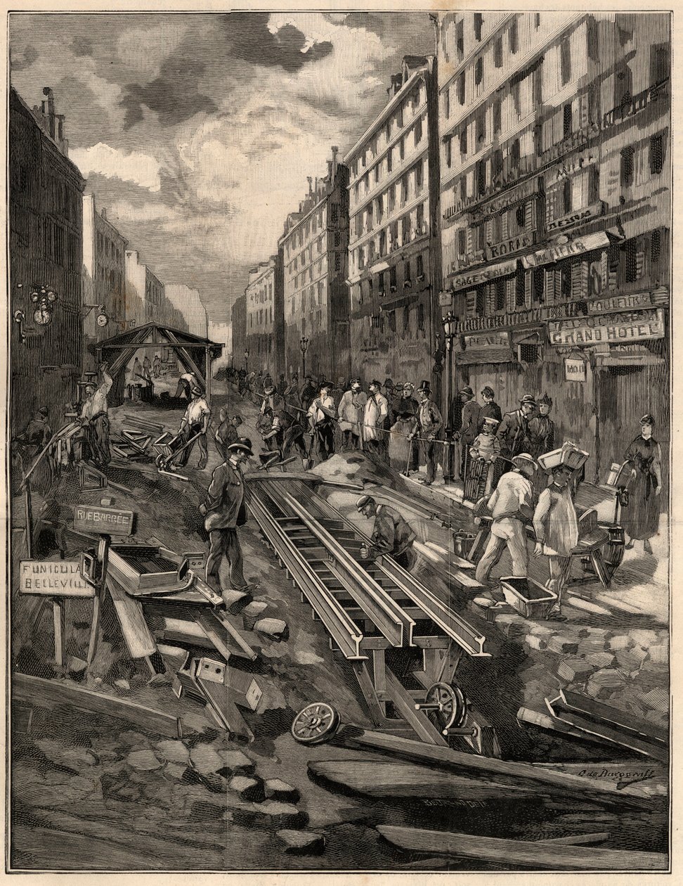 Belleville kabelbanen, anlagde banen, rue de Belleville i 1894. Stik efter M.G. de Burgrraffs tegning. I "The Illustrous World" fra 1894. af G. de Burgraff