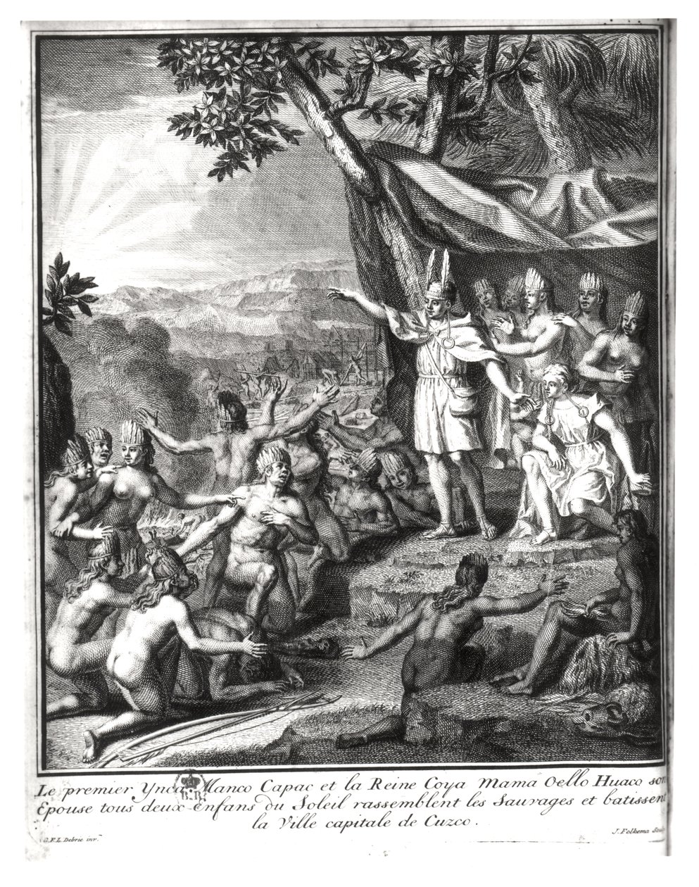 Manco Capac og hans kone, Coya Mama Oello Huaco, samler de vilde og bygger Cuzco af Gabriel Francois Louis Debrie