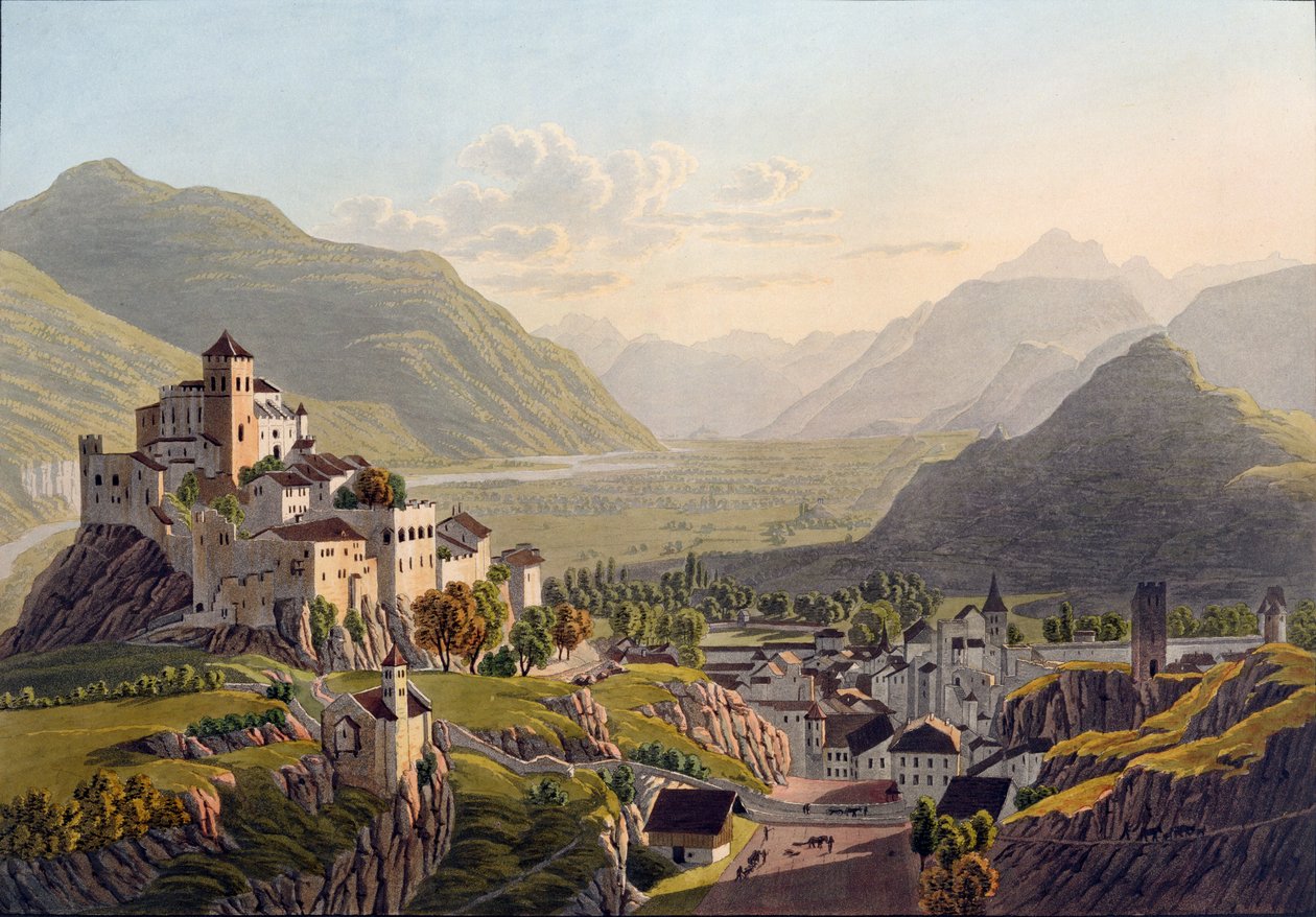 View of Sion, illustration fra Voyage Pittoresque de Geneve a Milano, udgivet Basel, 1819 af Mathias Gabriel Lory
