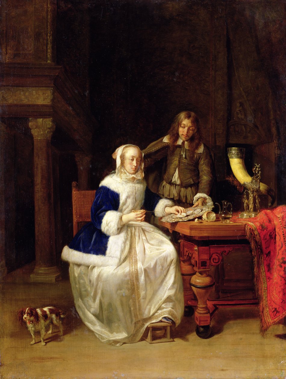 Morgenmad, ca. 1600 (olie på træ) af Gabriel Metsu