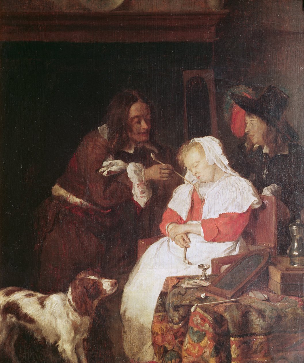 To mænd med en sovende kvinde, ca. 1655-60 (olie på egetræspanel) af Gabriel Metsu