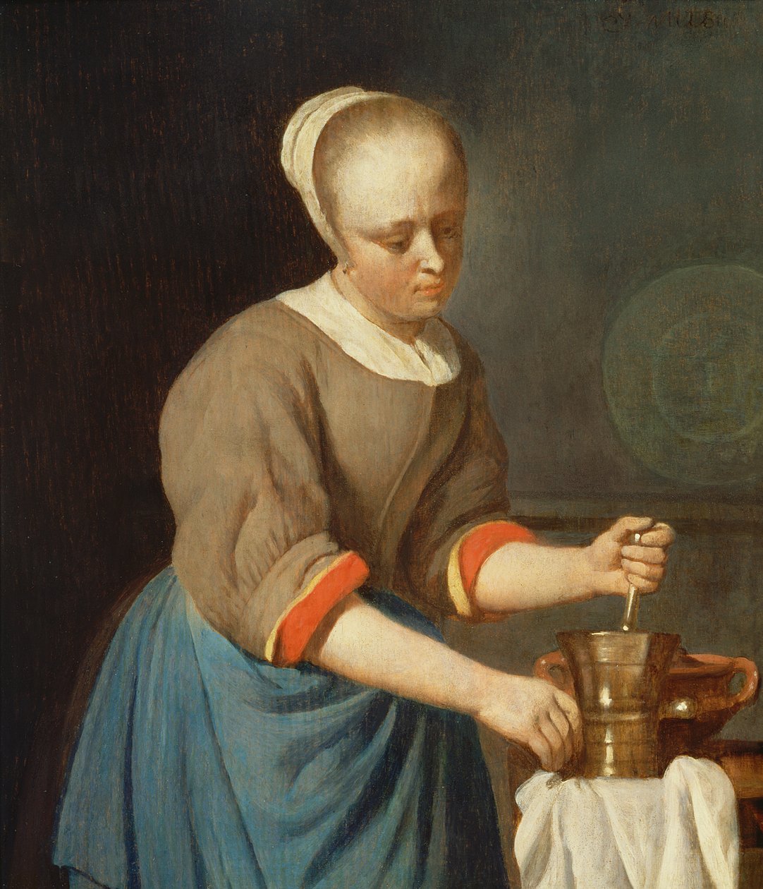 Ung pige med støder og morter af Gabriel Metsu