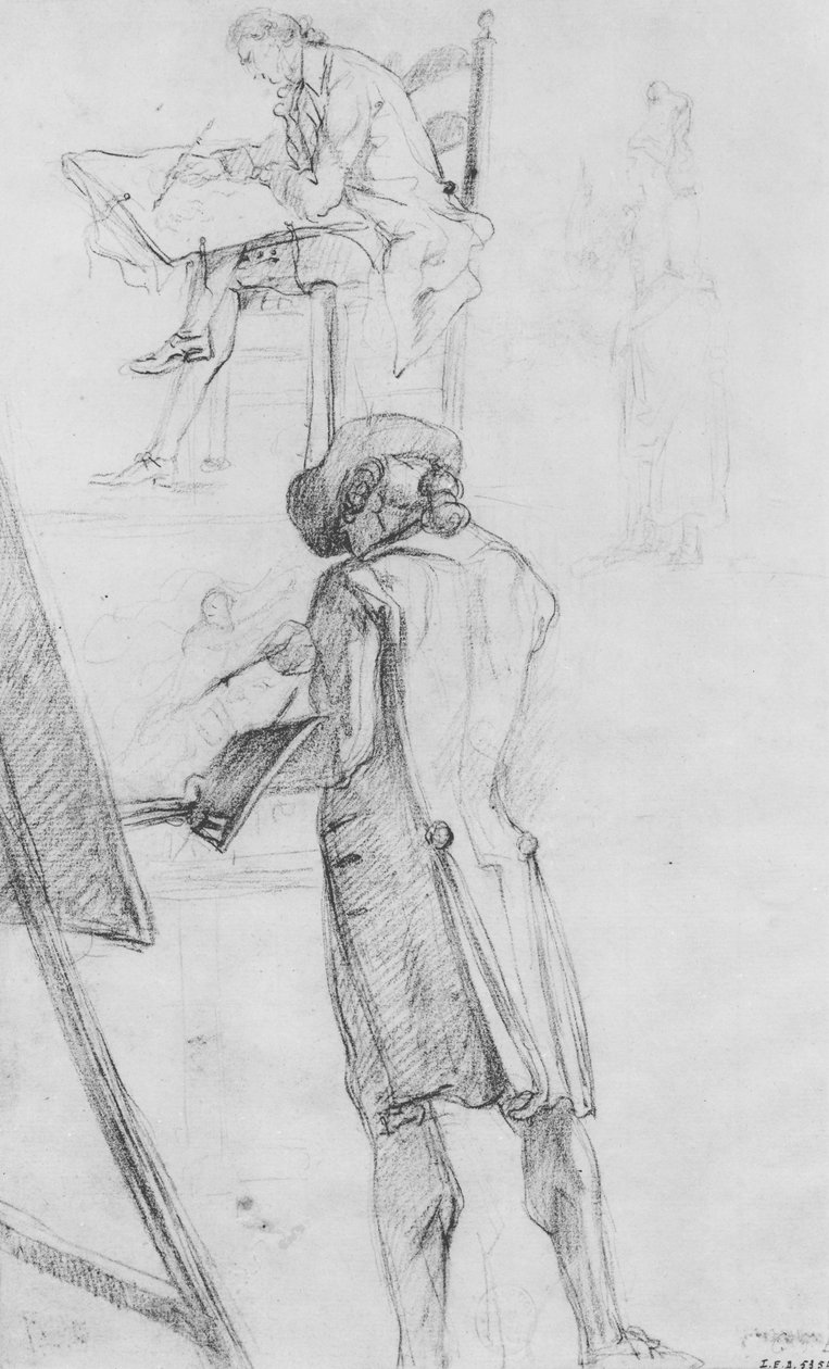 Kunstner ved sit staffeli og kunstnertegningen af Gabriel de Saint Aubin