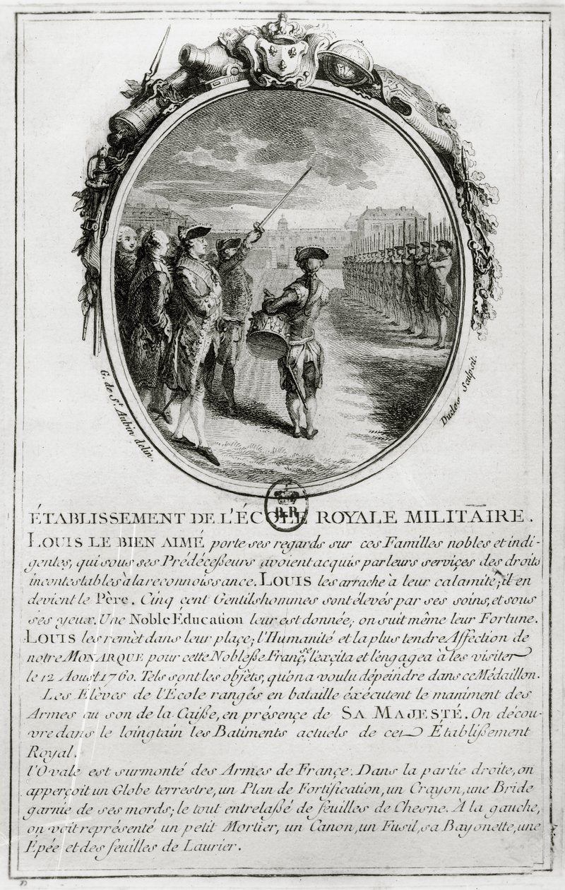 Ludvig XV (1710-74) Besøger Ecole Militaire i Paris, 12. august 1760, indgraveret af Antoine Duclos (1742-97) af Gabriel de Saint Aubin