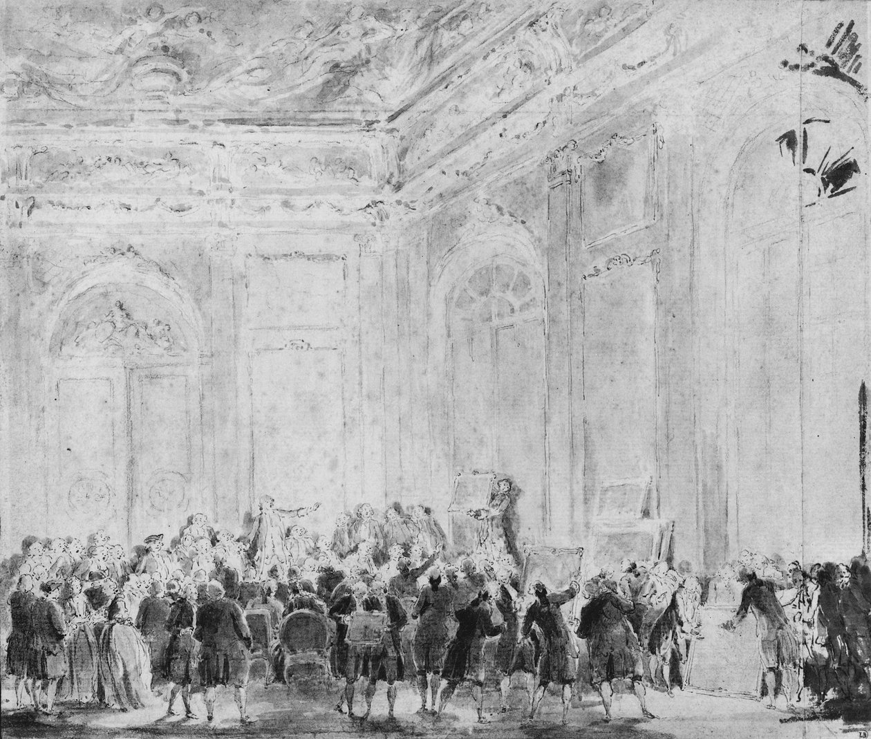 Scene med salg af malerier af Gabriel de Saint Aubin