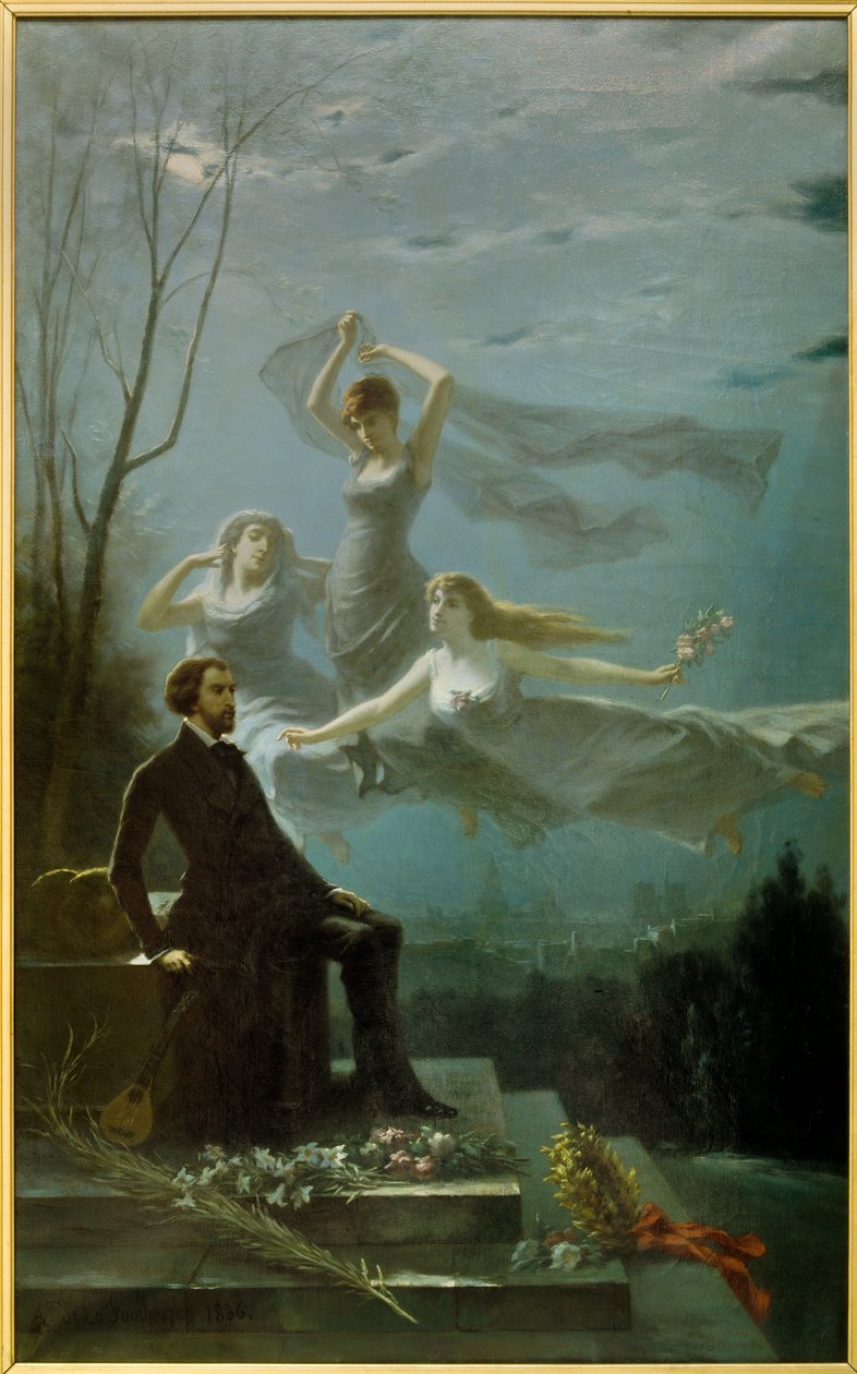 Romantik: "The Nights of Musset"" Den franske digter Alfred de Musset (1810-1857) inspirerer af muserne til skrivningen af "The Nights"" Maleri af Gabriel Aimable de la Foulhouze (1825-1887). 1886 Olie på lærred Clermont Ferrand (Clermont-Ferrand). Roger af Gabriel Amable de Lafoulhouze