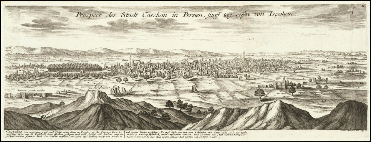 1720 illustration - Udsigt til byen Cashan i Persien fem dages rejse fra Ispahan af Gabriel Bodenehr