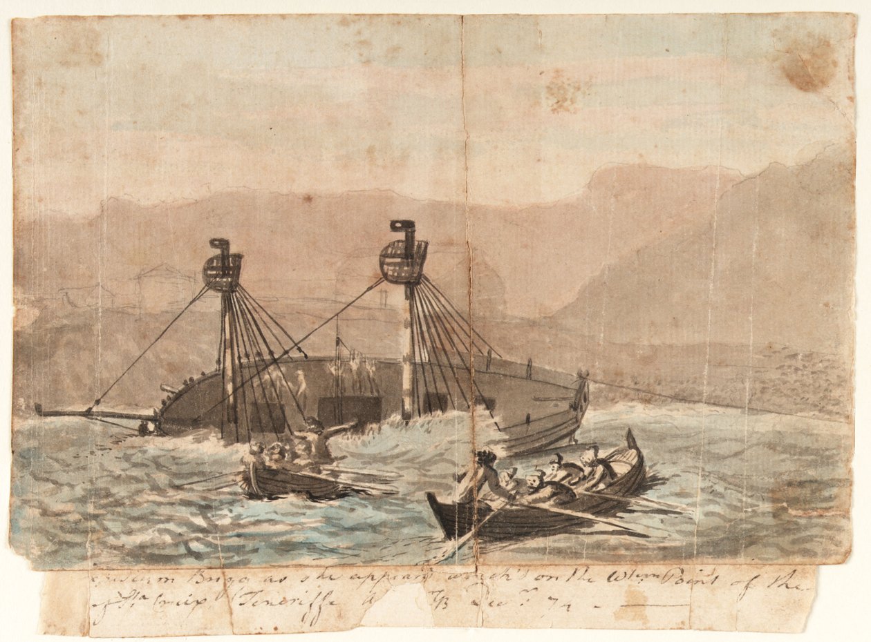 Ekspeditionen Brigg, som den så ud, da den forliste på den vestlige spids af øen Sta Cruiz Teneriffe i december 1774. af Gabriel Bray