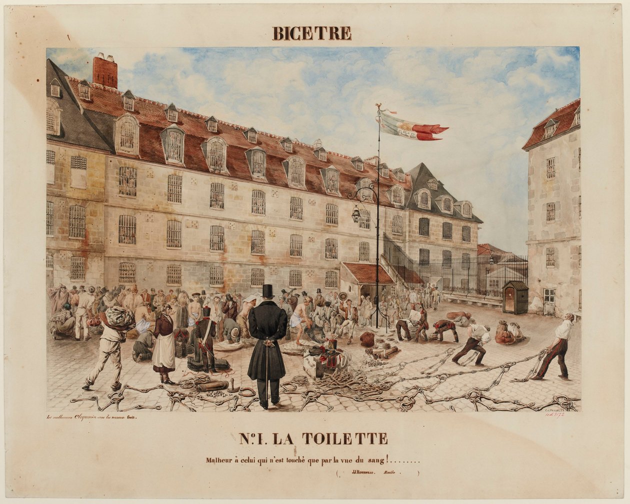 Fransk: BICÊTRE. Nº1. TOILETTET / Ve den, der kun lader sig berøre af synet af blod! ........ / ( JJ Rousseau. Émile. ). af Gabriel Cloquemin