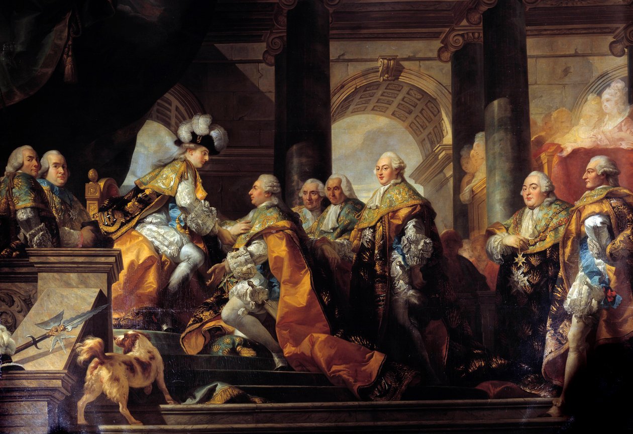 Kong Ludvig XVI (1754-1793) modtog i Reims hyldesten af ridderne af Helligåndsordenen (Helligåndsordenen) efter sin indvielse den 13/06/1775 Detail. Maleri af Gabriel Doyen (1726-1806) søn. 3,45 x 4,85 m af Gabriel Francois Doyen