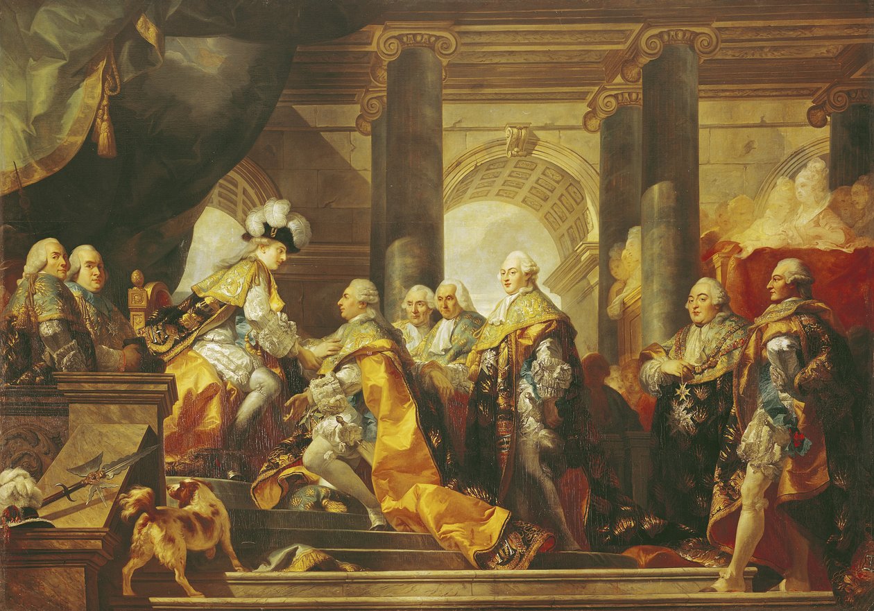 Ludvig XVI (1754-93) konge af Frankrig, modtog hyldest af ridderne af St. Esprit-ordenen i Reims, 13. juni 1775 af Gabriel Francois Doyen