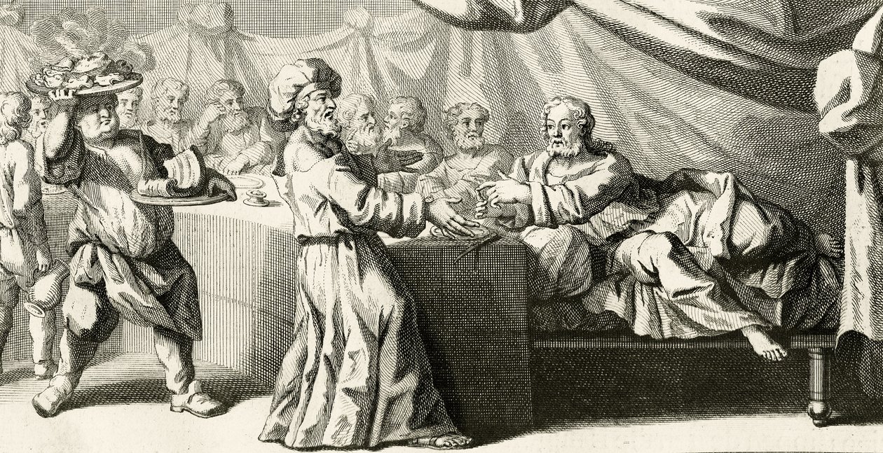 Jesus inviterede til middag med farisæeren, illustration fra Sankt Lukasevangeliet, kapitel 11:37, 1728 af Gabriel Francois Louis Debrie