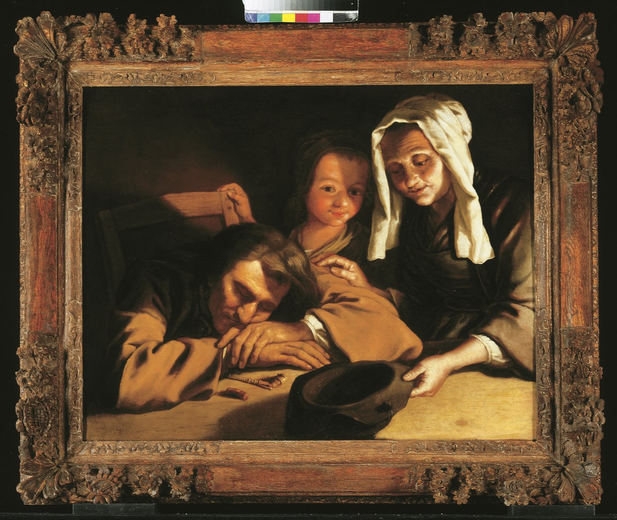 Et interiør med levende lys med figurer omkring et bord af Gabriel Gresly