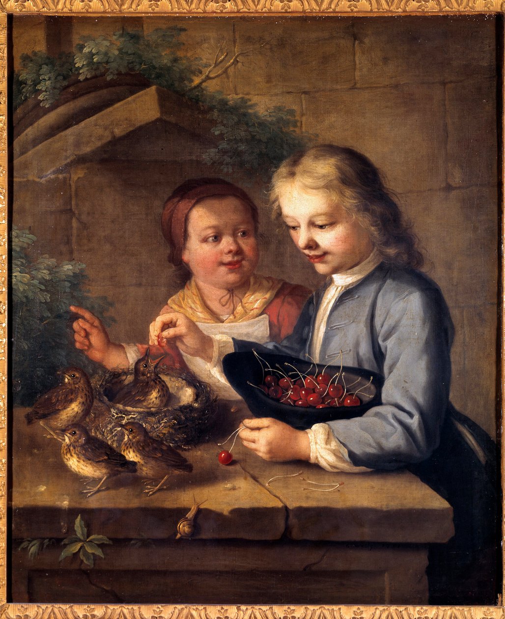 Dexu børnebecquee giver kirsebær til fugle. Maleri af Gabriel Gresly (1712-1756) 1700-tallets Dijon, Museum of Fine Arts af Gabriel Gresly