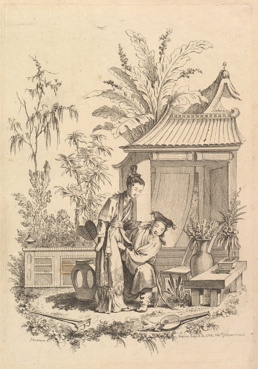 Chinoiserie-scene med figurer i et landskab, 1700-tallet. af Gabriel Huquier