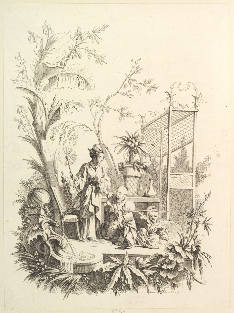 Chinoiserie med figurer i et landskab, 1700-tallet. af Gabriel Huquier