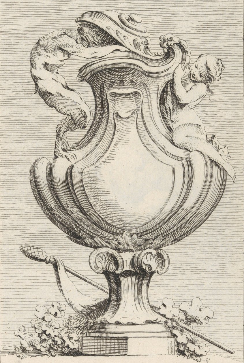Design til en vase med en faun og en nymfe, fra Livre de Vases Book of Vases, plade 1..., 1742-50. af Gabriel Huquier