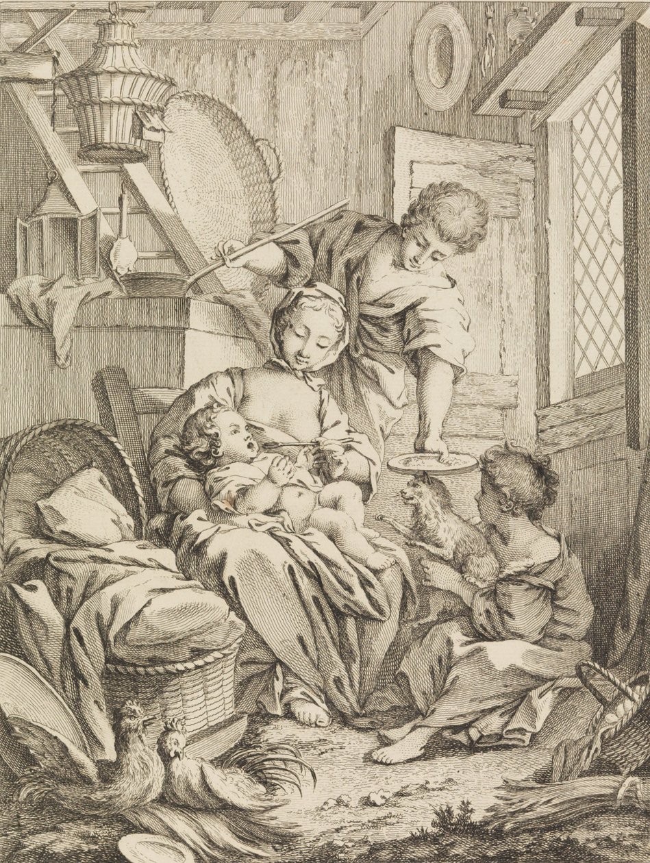 Plade 1: Ung kvinde fodrer sit spædbarn, fra Premier Livre de Subjects et Pastorales Fi..., 1720-72. af Gabriel Huquier