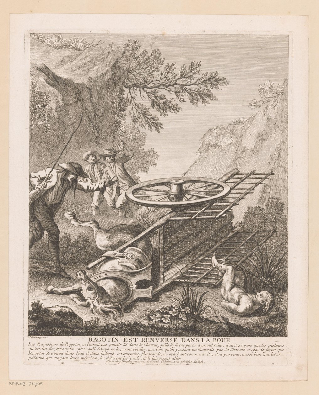 Ragotin valt van de wagen Ragotin er væltet i mudderet (titel på objekt) Scener fra Roman Comique van Scarron (serietitel) af Gabriel Huquier