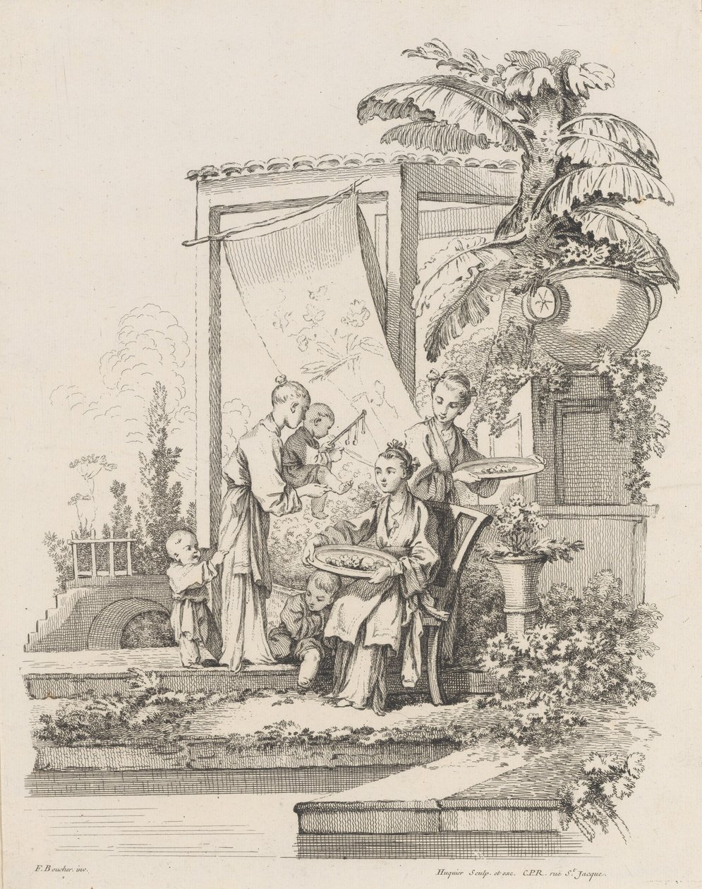 Siddende kvinde med børn og tjenere, ca. 1738-45. af Gabriel Huquier