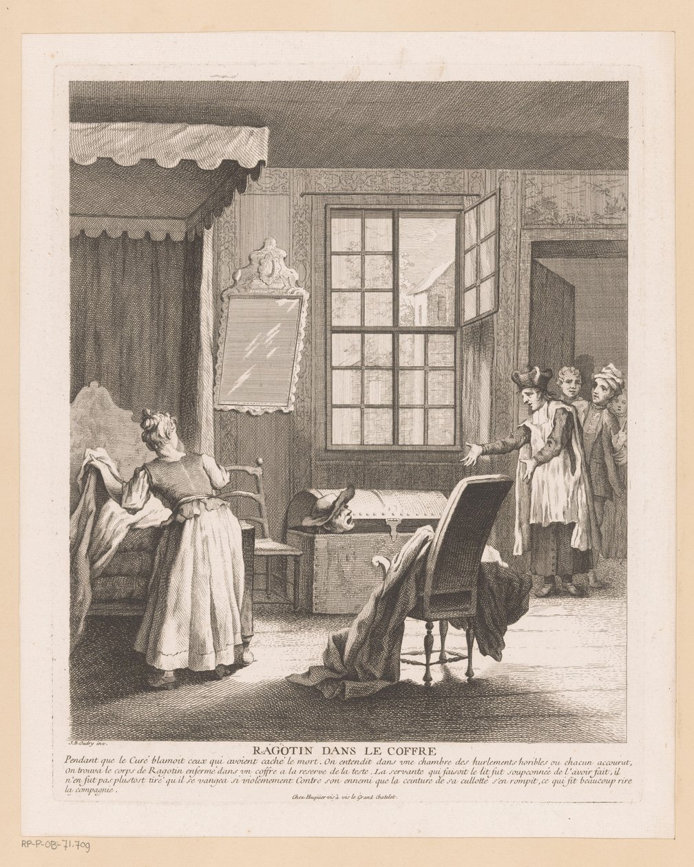 Slaapkamerinterieur mødte Ragotin i en kiste Sladder i bagagerummet (titel på objekt) Scener fra Roman Comique van Scarron (serietitel) af Gabriel Huquier