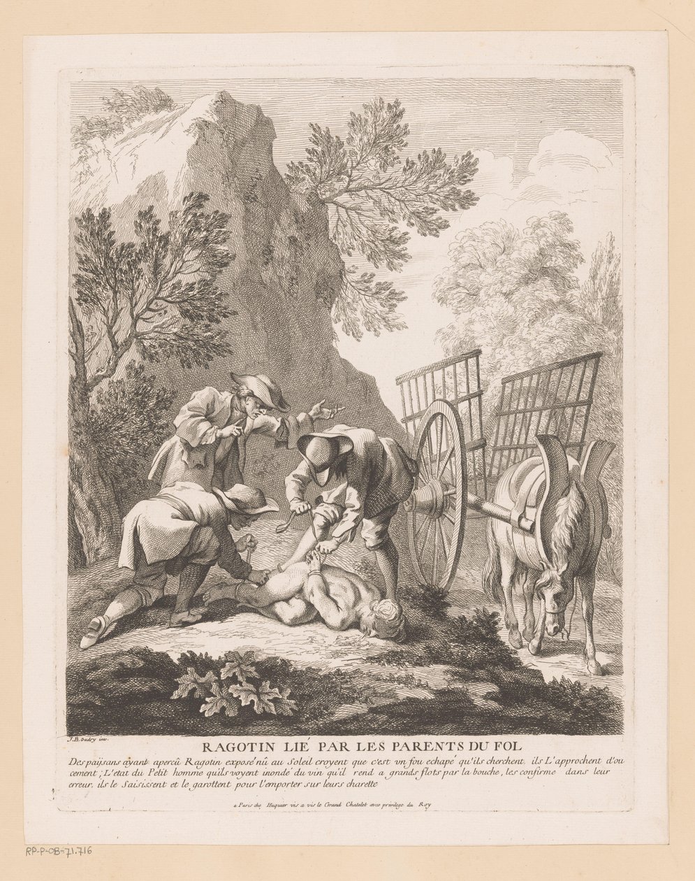 Sovende ragotin bundet og kidnappet Ragotin lié par les forældre du fol (titel på objekt) Scener fra Scarrons Roman Comique (serietitel) af Gabriel Huquier