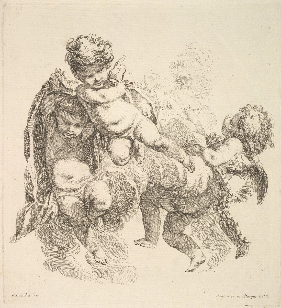 Tre børn blandt skyer, der bærer et draperi, 1738-45. af Gabriel Huquier