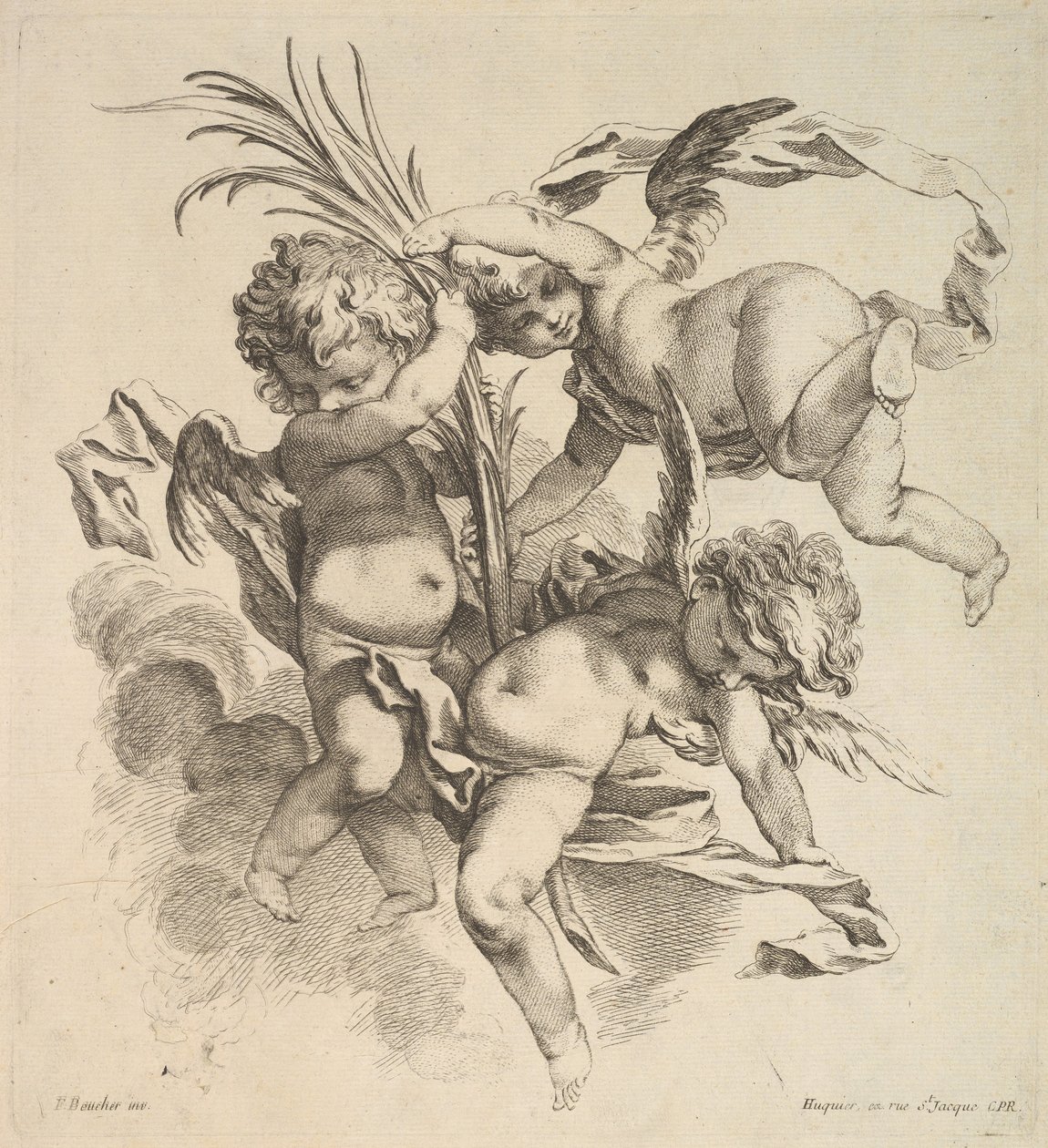 Tre børn blandt skyer nær et palmeblad, 1738-45. af Gabriel Huquier