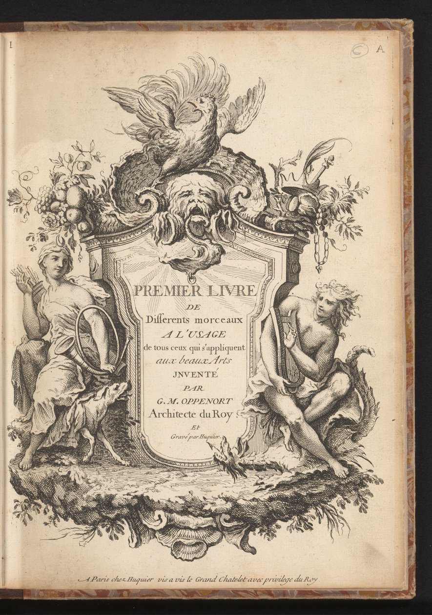 Titeltryk til en serie på seks ornamenter Forskellige designs for udøvere af kunst, første bog (serietitel) Premier livre de différents morceaux a l