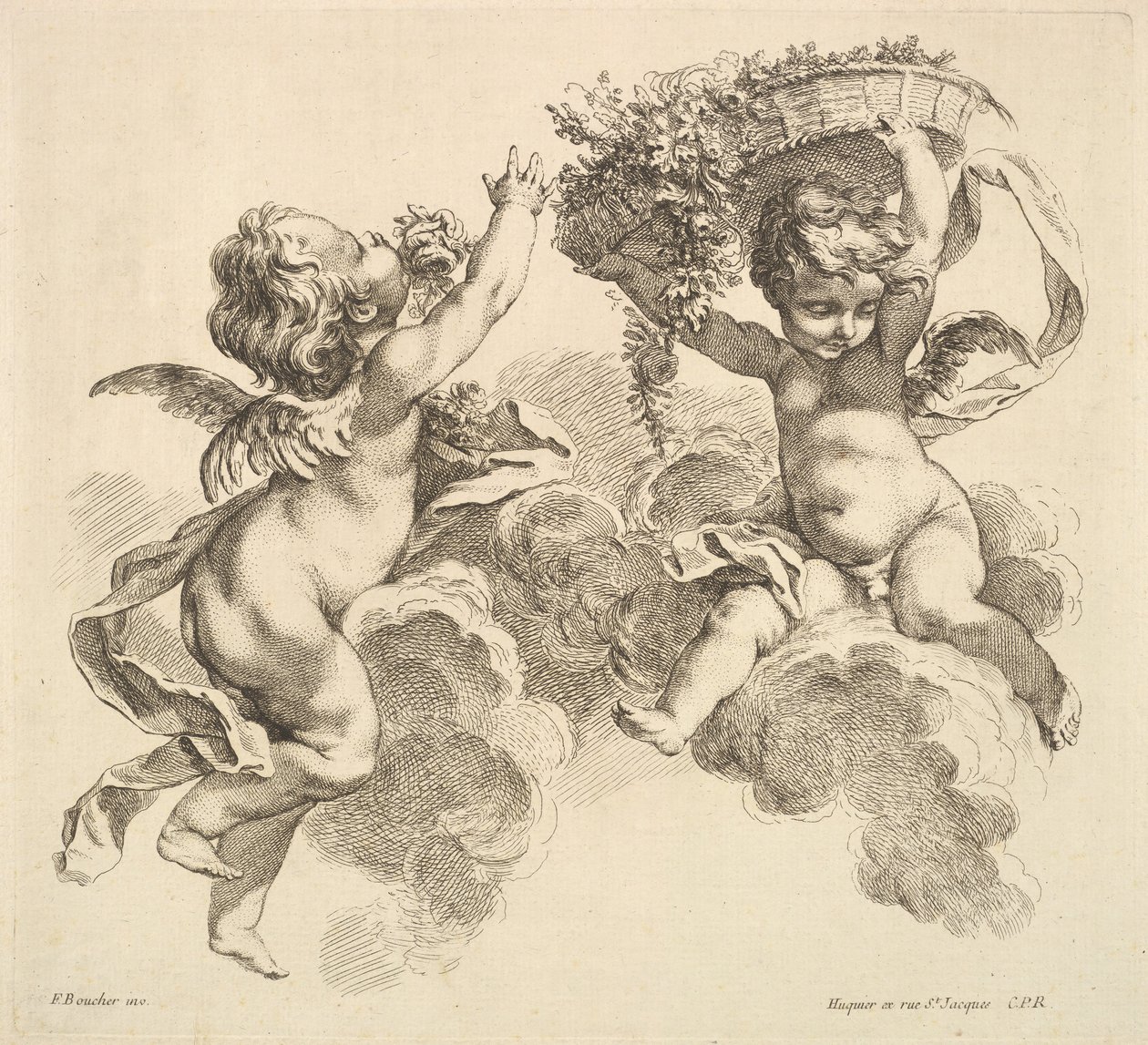 To børn, det ene holder en kurv med blomster, 1738-45. af Gabriel Huquier