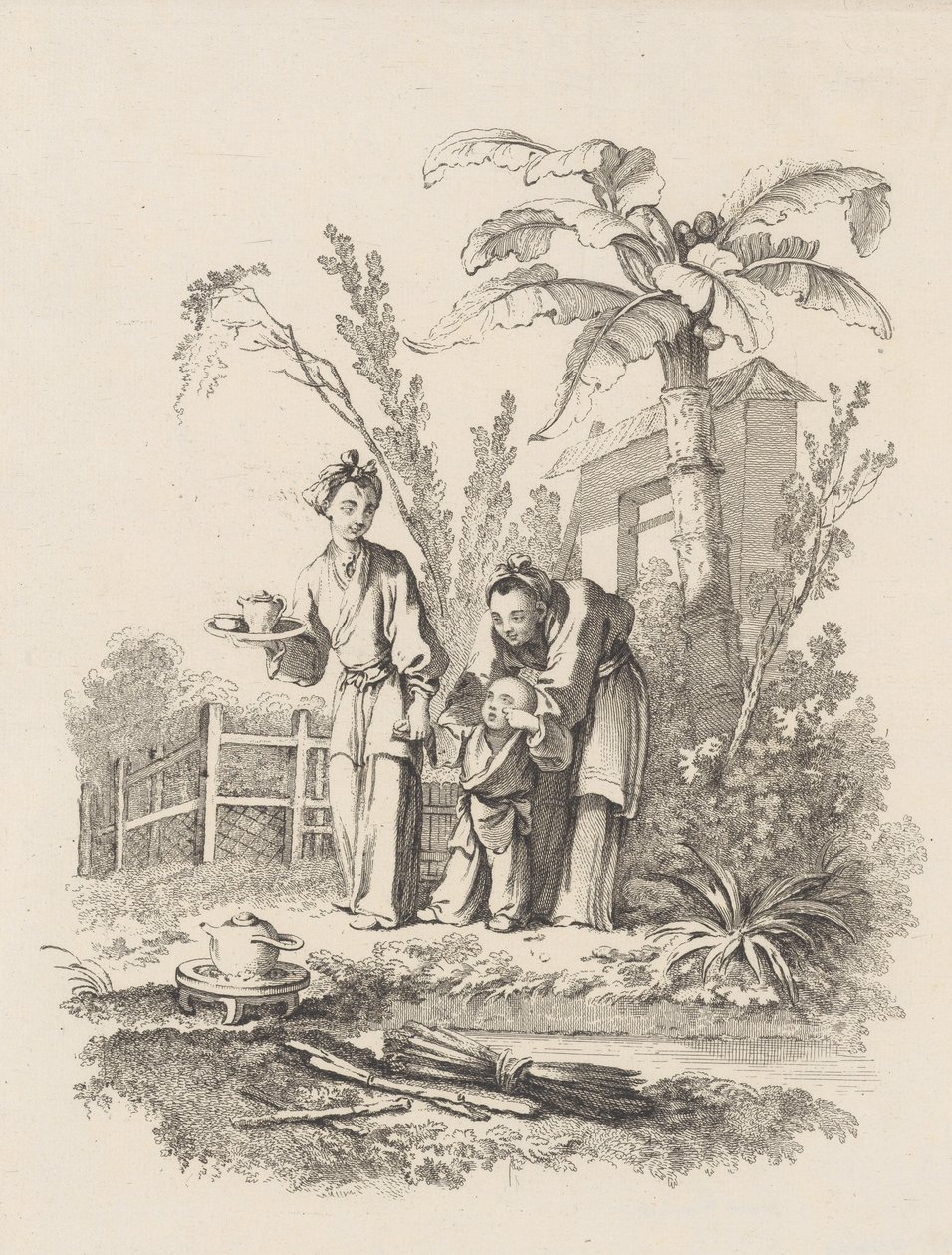 To kvinder fører et barn mod en tekande på et bord nær en dam, ca. 1742. af Gabriel Huquier