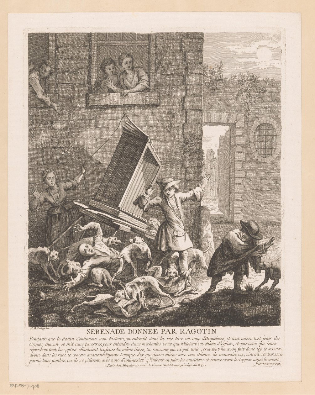 Afbrydelse af gadehundes orgelspil Serenade donnée par Ragotin (titel på objekt) Scener fra Scarrons Roman Comique (serietitel) af Gabriel Huquier