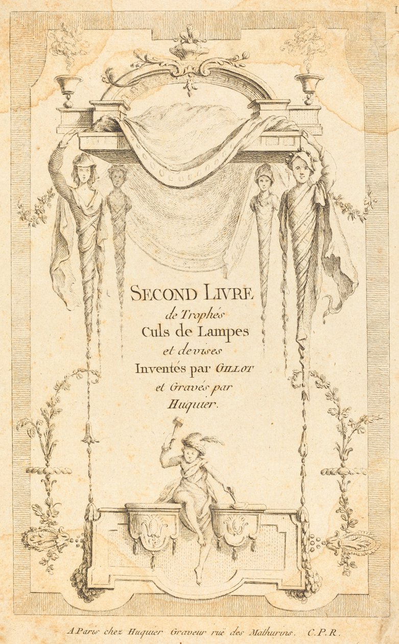 Anden bog med ender af lamper og valutatrofæer: Titelside af Gabriel Huquier after Claude Gillot