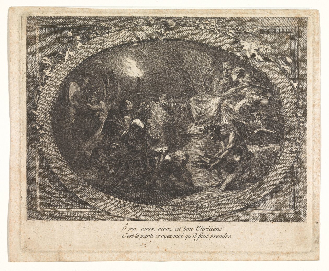Voltaire ankom til helvede af Gabriel Jacques de Saint Aubin (school of)